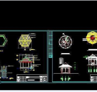 仿古代园林景观5角凉亭建筑cad图纸