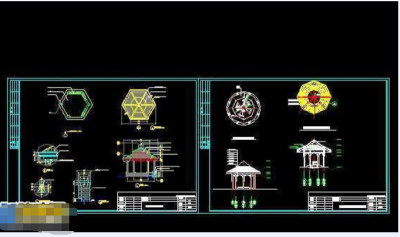 仿古代园林景观5角凉亭建筑cad图纸