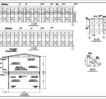 某10开间两层工地彩钢板房钢结构施工图纸cad（含说明）3D模型