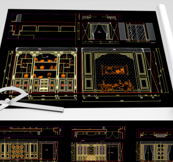 原创豪华中式护墙板背景墙CAD图库-版权可商用3D模型