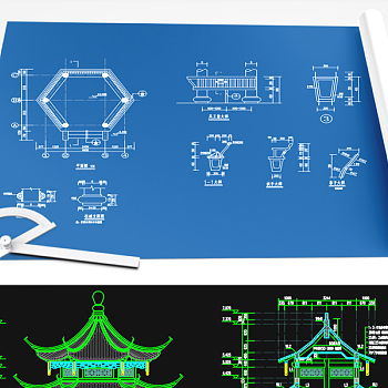 原创逸心亭重檐六角亭建筑结构CAD图纸-版权可商用3D模型