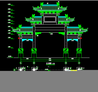 原创歇山式四柱五楼门楼建筑结构CAD图纸-版权可商用3D模型