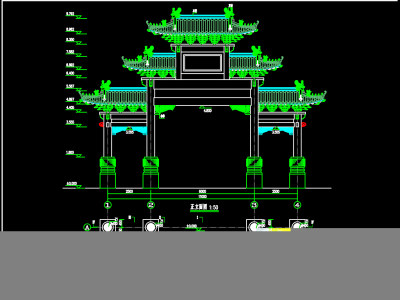 原创歇山式四柱五楼门楼建筑结构CAD图纸-版权可商用3D模型