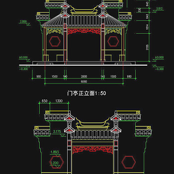 原创中式门楼CAD古建筑立面图3D模型