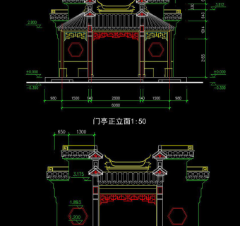 原创中式门楼CAD古建筑立面图3D模型