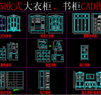 原创欧式衣柜、书柜cad图纸3D模型