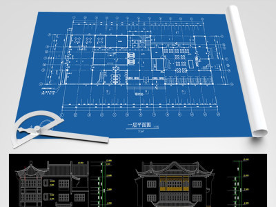 原创三层仿古会所酒店建筑CAD图纸-版权可商用3D模型