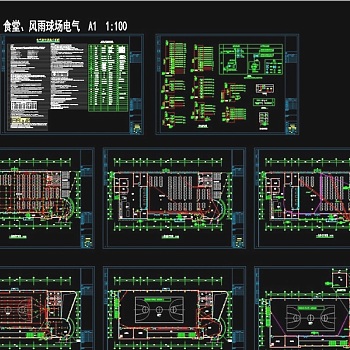 原创二层学校食堂与风雨球场全套水电图-版权可商用3D模型