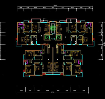 一梯四户高层住宅楼标准层户型图CAD3D模型