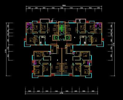 一梯四户高层住宅楼标准层户型图CAD3D模型