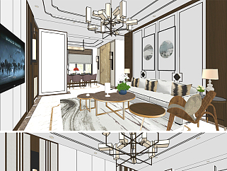 原创新中式别墅家装客厅室内设计餐厅室内设计方案SU模型-版权可商用3D模型