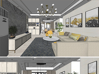 原创现代轻奢风格餐厅客厅su模型-版权可商用3D模型
