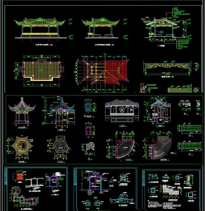 齐全的古建筑亭子CAD景观施工图3D模型