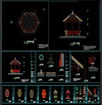 六角亭凉亭亭子园林CAD施工图3D模型