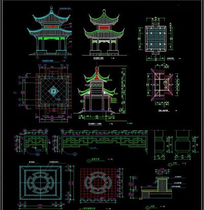 园林景观亭子CAD细节施工图纸3D模型