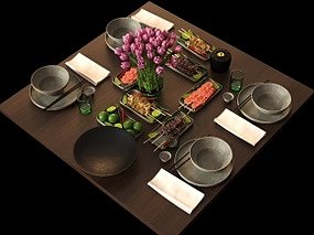 现代烧烤餐具摆件组合3D模型