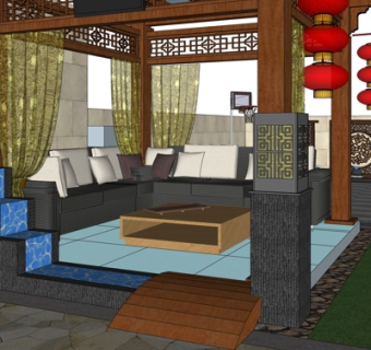 新中式实木凉亭su模型