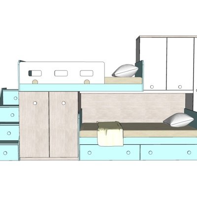现代实木高低床su模型