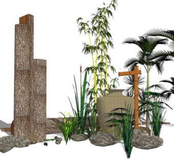 新中式竹筒瓦罐水景小品su模型