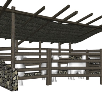 自然风羊圈牛棚su模型