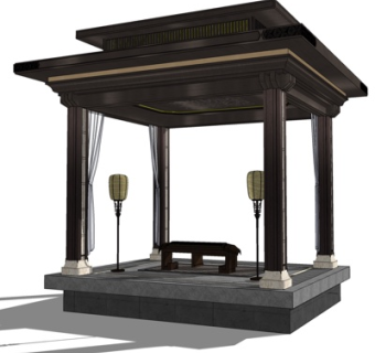 新中式平顶四方亭su模型