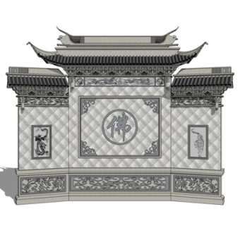 中式雕花影壁景观墙su模型