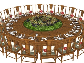 新中式<em>圆形</em>实木宴会桌椅su模型