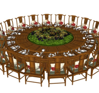 新中式圆形实木宴会桌椅su模型