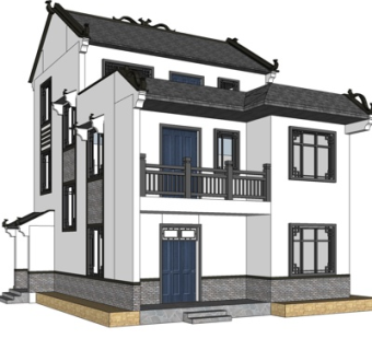 新中式独栋别墅外观su模型