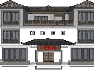 新中式独栋别墅外观su模型