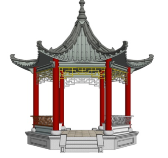 中式六角凉亭su模型
