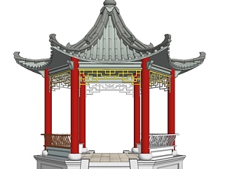 中式六角凉亭su模型