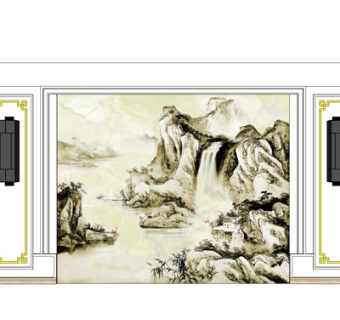 新中式山水电视背景墙su模型