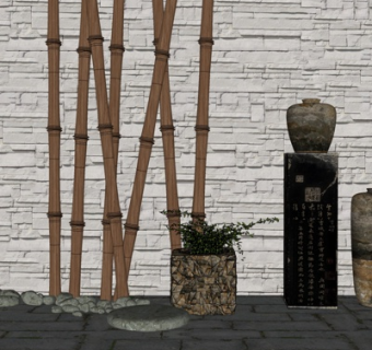 中式竹竿陶罐小品su模型