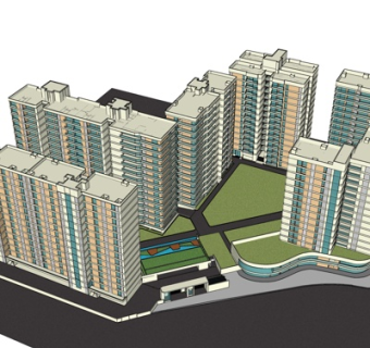 现代高层公寓楼外观su模型