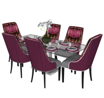 简欧条形餐桌椅su模型