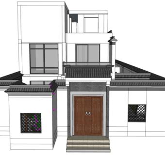 新中式独栋别墅外观su模型