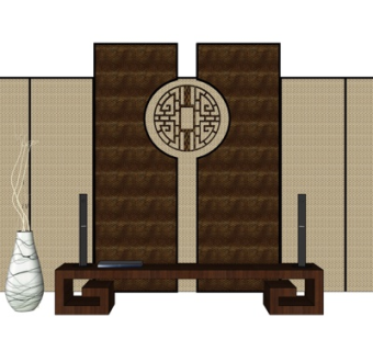 新中式电视背景墙su模型