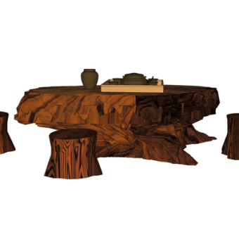 新中式根雕茶桌椅su模型