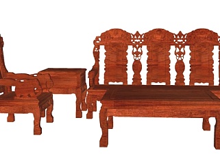 中式红木雕花组合沙发su模型