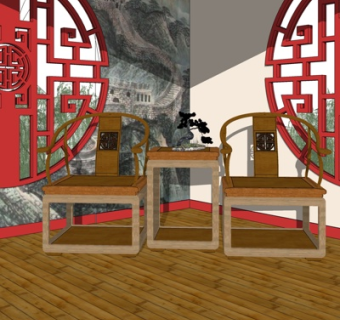 中式实木休闲桌椅su模型