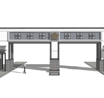 新中式小区入户门su模型