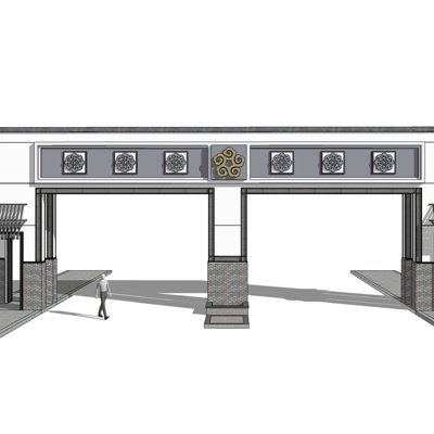 新中式小区入户门su模型