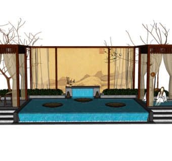 新中式水池小品su模型