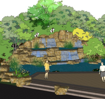 现代假山流水小品su模型