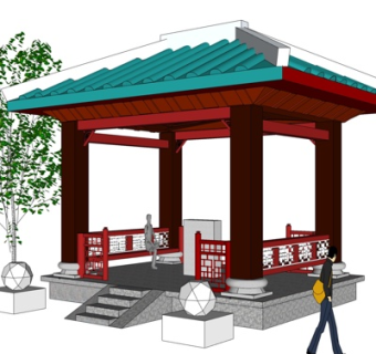 新中式实木凉亭su模型