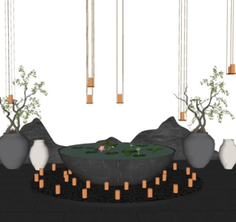 新中式荷花水缸小品su模型