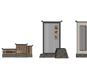 新中式景观墙su模型