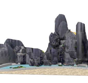 现代假山流水小品su模型