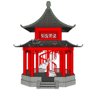 中式六角凉亭su模型